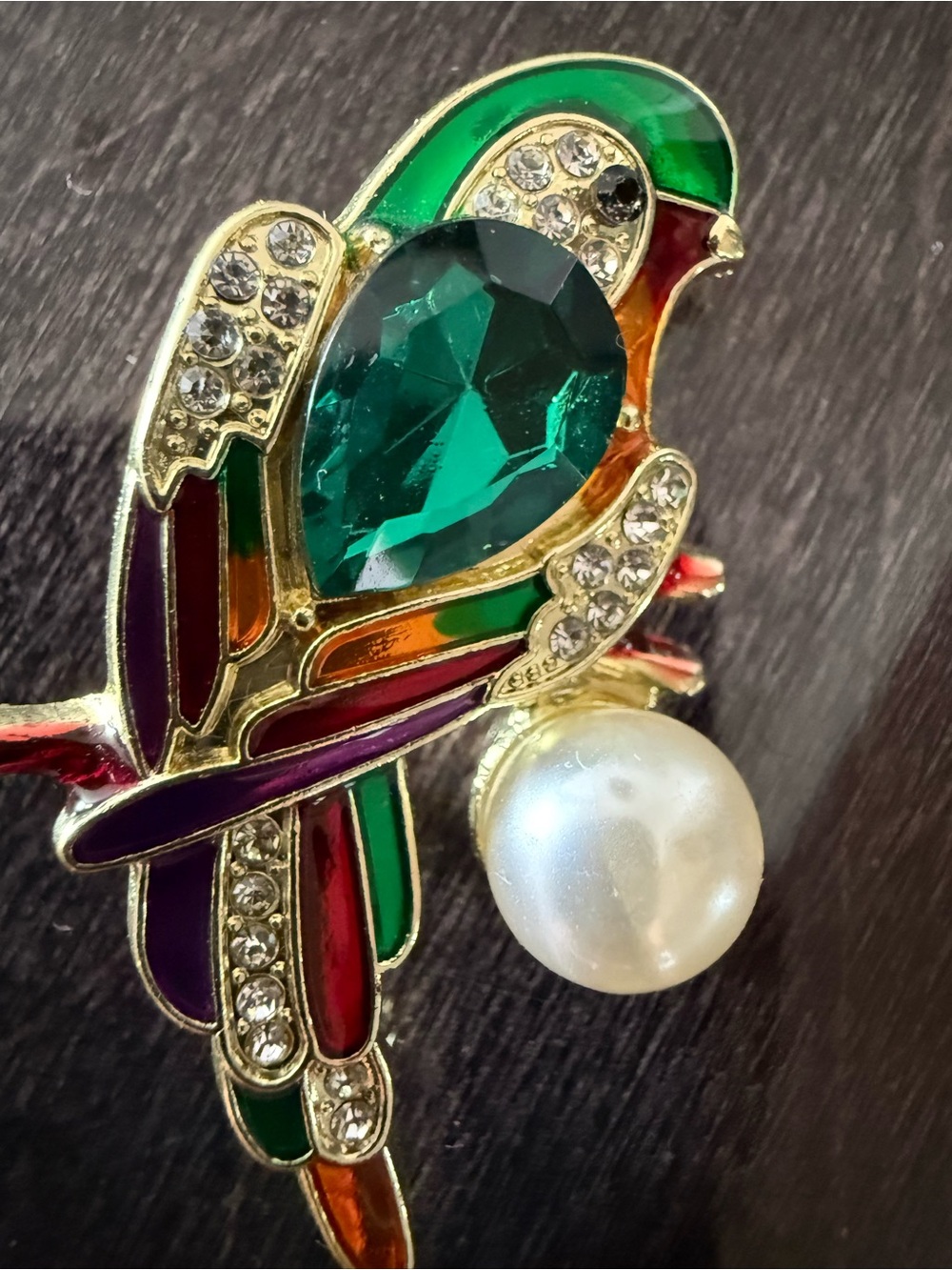 Multi-Color Parrot Brooch with Green Crystal and Pearl Accent